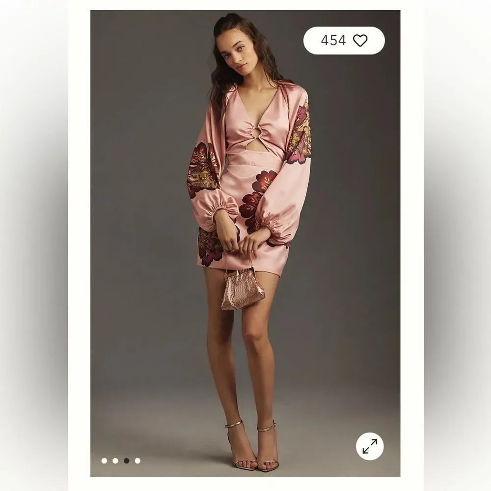 Significant Other size 10 $304 Long-Sleeve V-Neck Cutout Printed Mini Dress - Picture 2 of 12